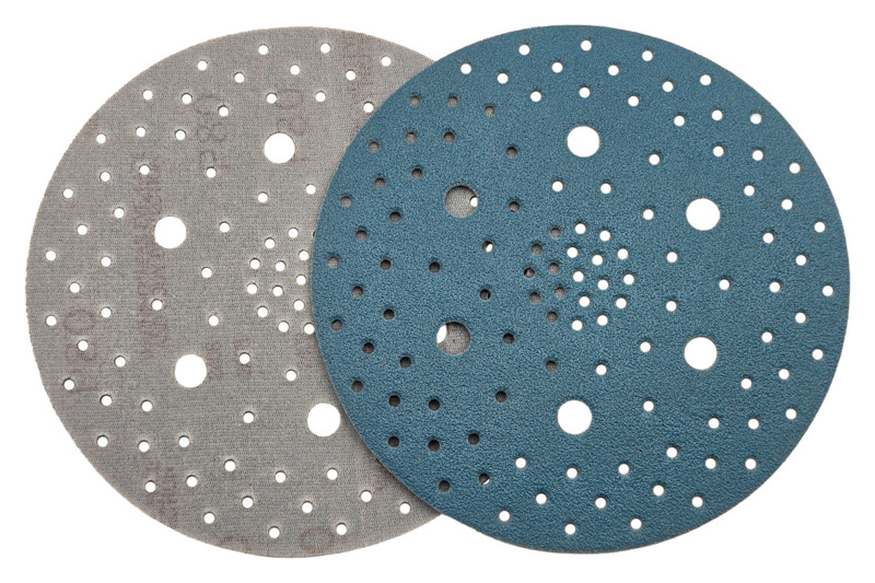 Disco DynaCut con soporte de película adhesiva para aspiradora, de 6" (152 mm) de diámetro, con ganchos A/O y grano 80, con múltiples orificios