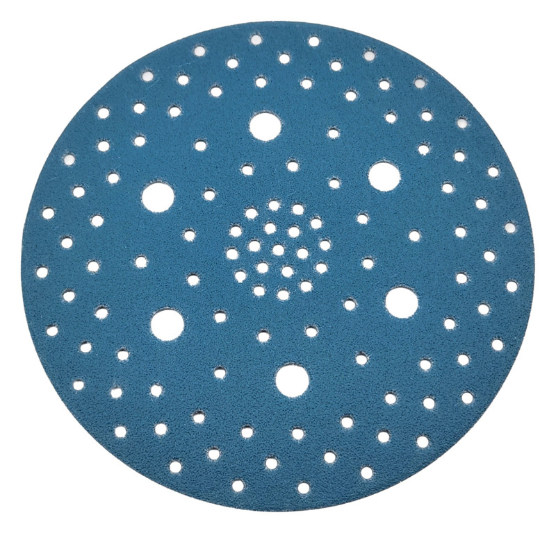 Disco DynaCut con soporte de película adhesiva para aspiradora, de 6" (152 mm) de diámetro, con ganchos A/O y grano 120, con múltiples orificios